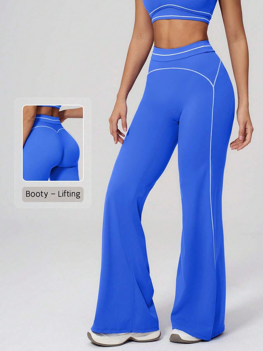 NcmRyu Women's 1pc Contrast White Line Hip-Lifting Slim Fit Flare Long Pants - Blue - View 1