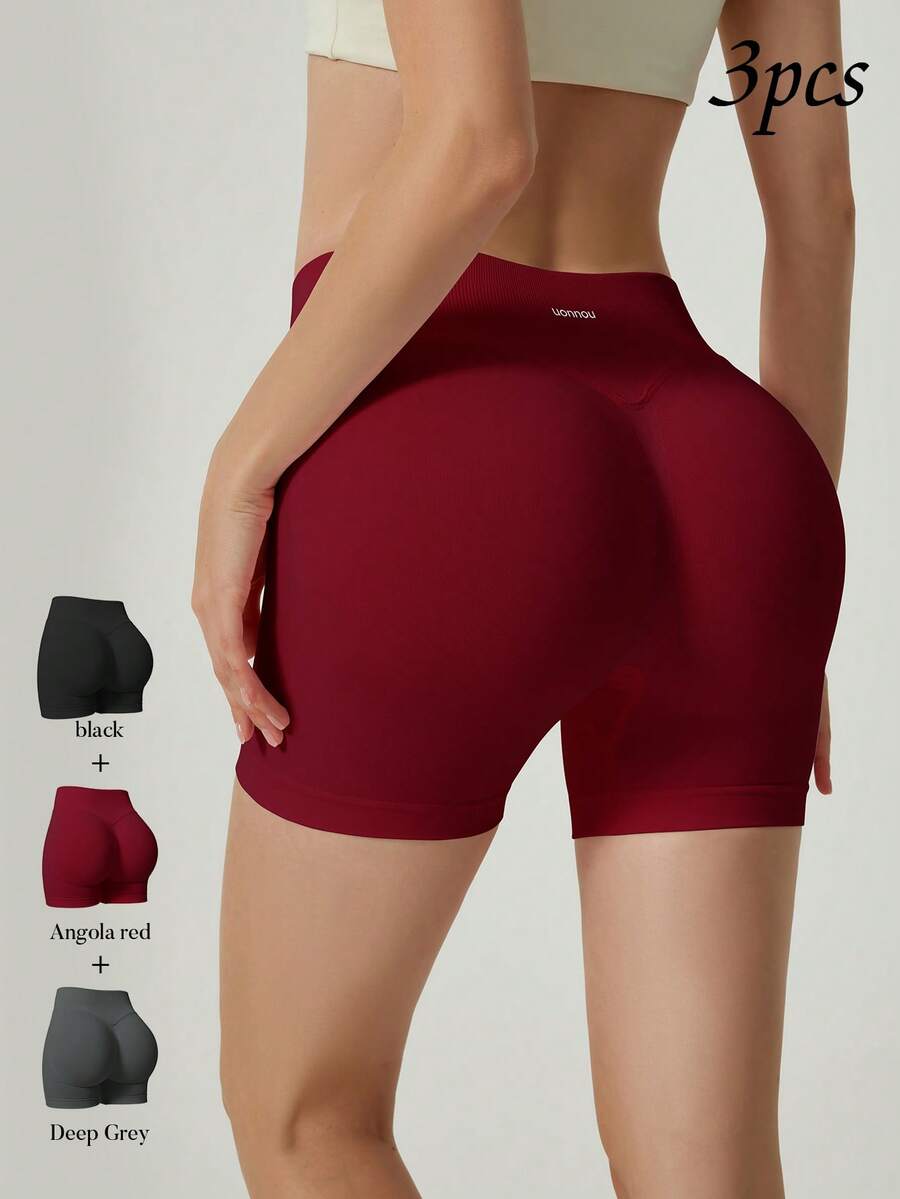 UONNOU 3pcs Ribbed Seamless High Waist Cycling Shorts, Tummy Control Butt Lifting Elastic Yoga Fitness Shorts - Multicolor - View 1
