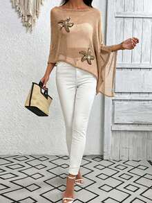Plus Size Starfish Pattern Vacation Style Asymmetric Design Cape Knit Top Summer - Apricot - View 6