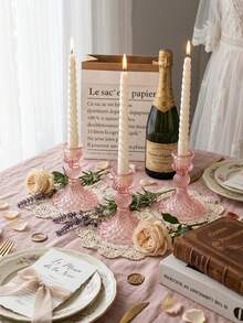 Elegant Transparent Glass Diamond Pattern Candle Holder, Minimalist Crystal Glass Candle Holder, Decorative Wreath, Romantic Pink Style, Glass Candle Holder, Coaster, Suitable For Wedding, Valentine's Day, Tabletop Decoration - Pink Romantic Style - View 4