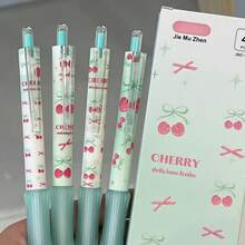 4pcs Japanese Style Matcha Cherry Retractable Gel Pens, Fresh Healing Style, 0.5mm Black Smooth Ink, Quick-Drying Ink, Soft Rubber Grip, Comfortable For Student Classroom Notes And Homework Writing Stationery - Sets - View 1