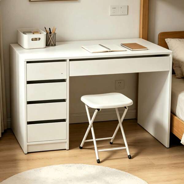 Modern Luxury White Office Desk, Size: 120*55*76.5cm, Integrated Storage Design, 4 Drawers,Hidden Pull Handles, Rounded Desktop, Suitable For Home, Office And Study,Computer Desk,Writing Desk,Office Desk,Work Desk,Solid Wood Desk