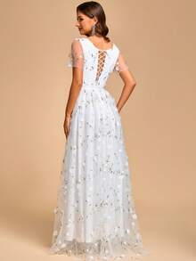Elasola Women's Elegant Romantic Heart Neckline Short Sleeve Evening Gown White - White - View 6