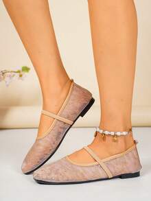 Gentle Elegant Rose Square Toe Lace Mesh Women's Shoes, Outdoor Casual Wedding Party Breathable Hollow Flat Ballet Shoes, Fashion Versatile Shoes - Khaki - View 3
