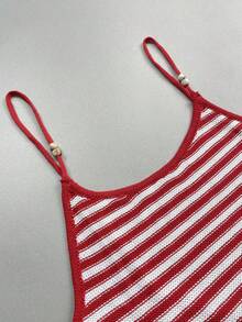 Women's Vacation Style Bohemian Red & White Striped Fitted Mini Dress, Sleeveless Spaghetti Strap Backless Sexy Short Tank Sun Dress Beach Summer - Multicolor - View 9