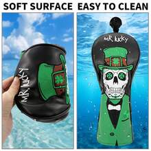 St. Patrick's Day Lucky Four-Leaf Clover & Skull Embroidered Golf Club Headcover, Good Luck Design, Unique Eye-Catching Golf Accessory Gift - Black - View 3