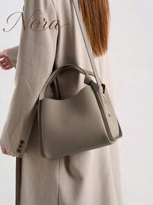 Premium Elephant Grey Litchi Texture Basket Bag For Women, Knotted Handle Bucket Bag, Detachable Shoulder Strap, Versatile Commuter Crossbody Small Bag - Grey - View 3