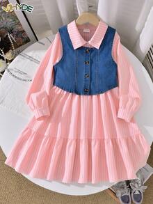 Vihyde Tween Girls Back‑To‑School 2‑Piece Outfit, Striped Long‑Sleeve Shirt Dress & Denim Vest Fall Winter Set - Pink - View 4