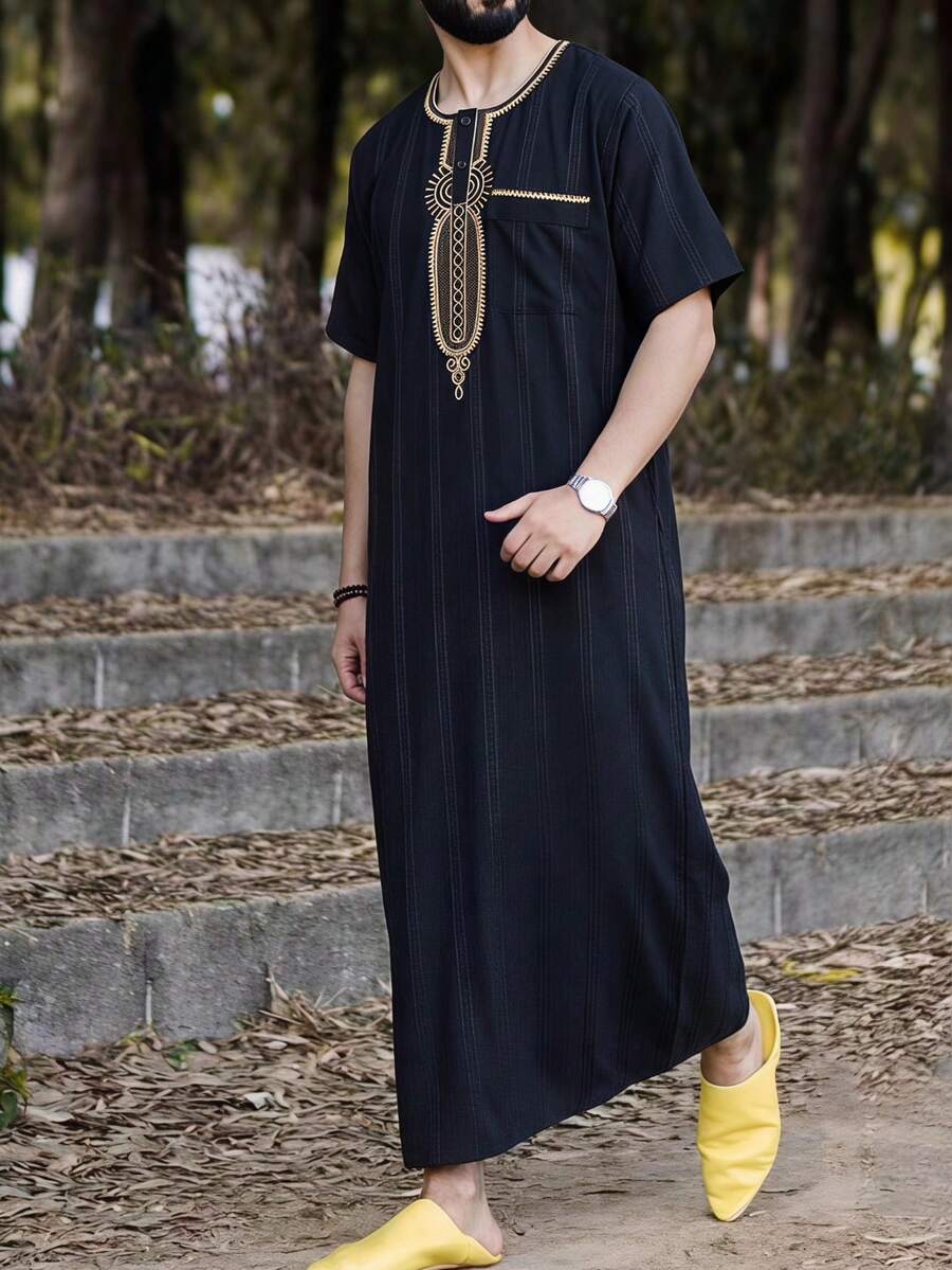 Túnica larga de estilo de Oriente Medio para hombres, túnica larga bordada en negro y dorado, corte holgado, uso diario musulmán - Negro - Ver 1
