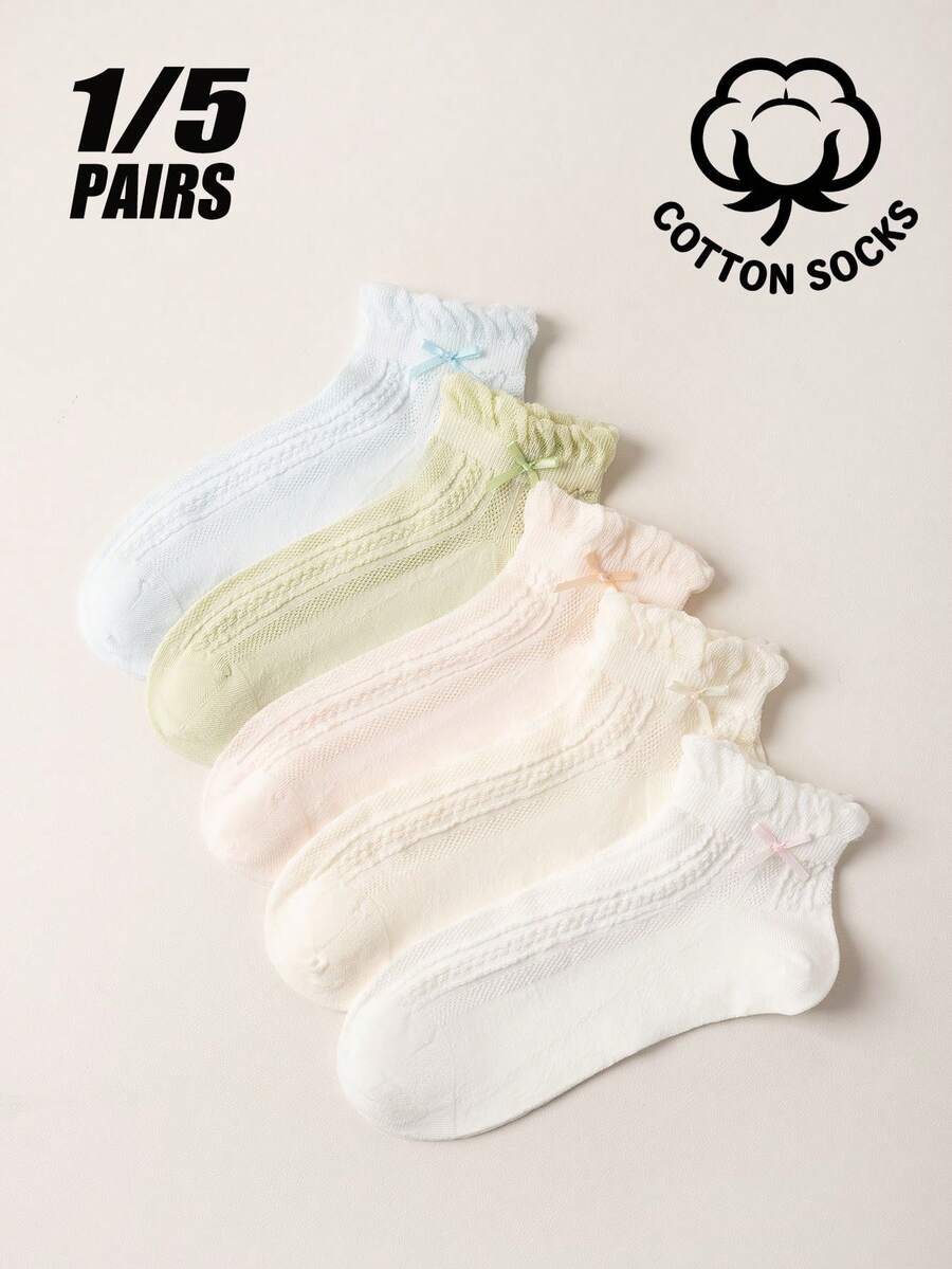 1/5 Pairs Women's Pure Cotton Short Socks, Breathable Mesh Ruffle Trim Socks With Bow Detail, Cute Ruffle Low-Cut Socks, Suitable For Summer Daily Wear - Multicolor - View 1