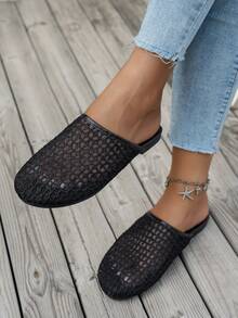 Women's Mesh Round Toe Flat Slide Sandals, Summer Beach Vacation Anti-Slip Slippers - Black - View 2