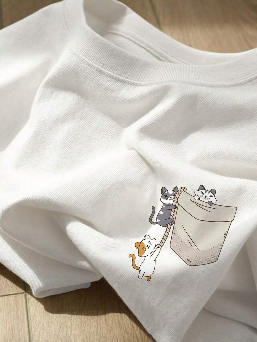Cute And Fun T-Shirt With Cat Print, Short Sleeves And Round Neck. - 白色 - 查看 1
