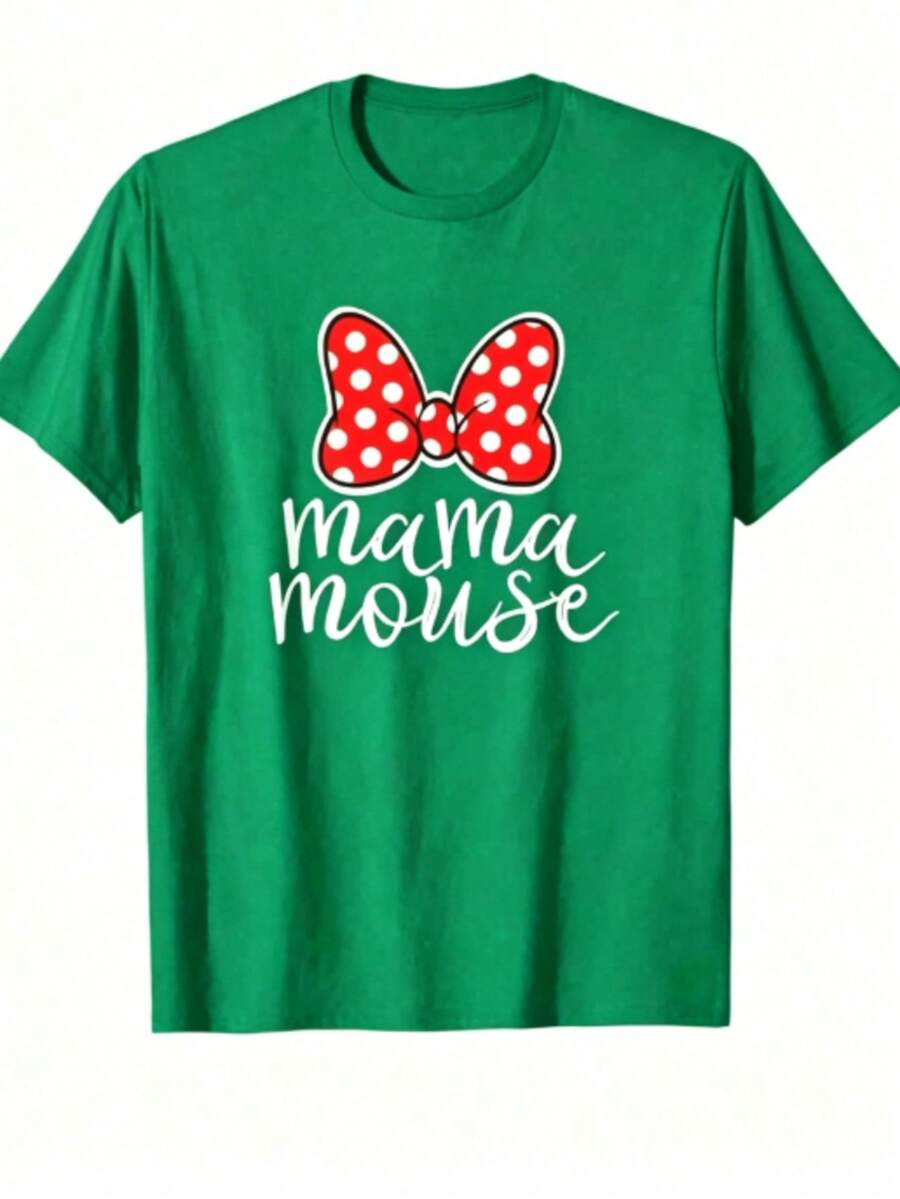 Chic Mama Mouse T-Shirt With Graphic Print, Short Sleeves, Cotton, Round Neck, Casual Style, Ideal Gift For Mom. - 綠色 - 查看 1