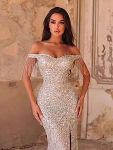 Luxury Off-Shoulder Mermaid Evening Gown With Tassel Accents And Sequin Embroidery Party Wedding - Champagne - View 4