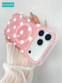 KOOLIFE 1pc Pink Iridescent Shell White Big Polka Dot Magnetic Phone Case, Built-In MagSafe Magnet With Independent AI Button, TPU+PC 2 In 1 Dual Layer Shockproof Glossy Cover, Cute Sweet Ins Girly Minimal Fashion Style, Raised Anti-Scratch Camera Edge Holiday Gift Shell Compatible With Apple 17/17pro/17promax/16/15 - Pink White Polka Dots - View 7
