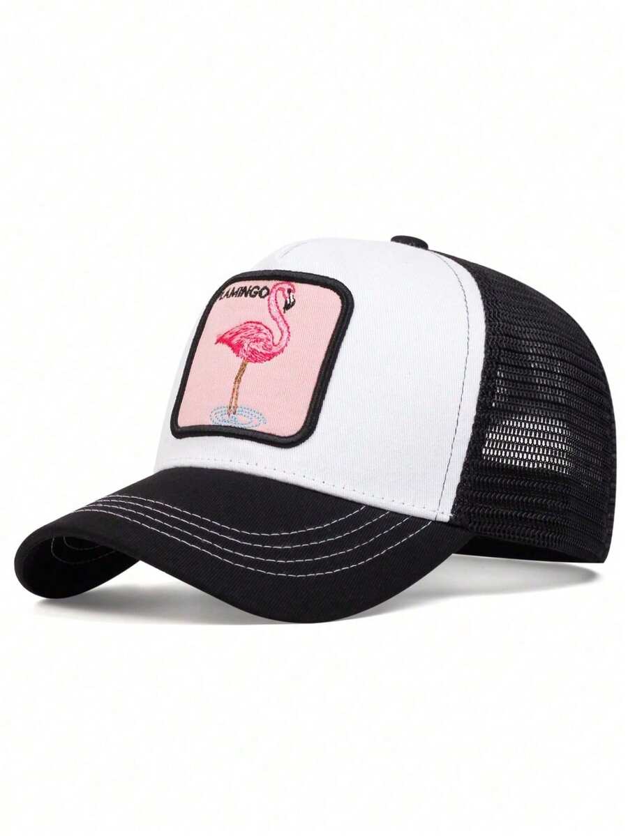 1件裝 男士 FLAMINGO 刺繡棒球帽 卡車司機帽 動物網格帽 戶外可調節防曬休閒帽 適合春夏旅行海灘派對 - 黑與白 - 查看 1
