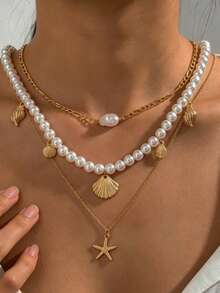Juego de 3 collares con cadena de metal y borlas de perlas falsas - Diseño multicapa inspirado en el océano, la estrella de mar y la playa, adecuado para uso diario - Dorado - Ver 4