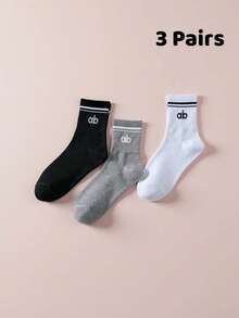 3/6/12 Pairs Kids Double Stripe Cuff AB Letter Print Soft Sweat-Absorbent Mid-Calf Socks, Campus Daily Street Style All-Season - Multicolor - View 12