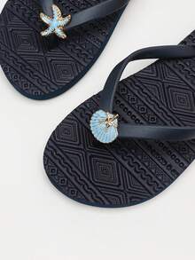 Evertop Surf Summer Ocean Style Oil Drop Shell & Starfish Decor Chain Square Toe Flat Slides AB Version Asymmetric Sandals Soft Sole Beach Vacation Bohemian Casual Street Style Original Design - Royal Blue - View 3