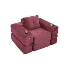 Folding Corduroy Sofa With High-Density Foam And Spring Core For Stable Seating, Side Pocket And Cup Holder, Armrest With Zip, Vacuum Packed, Easy Assembly, For Apartment And Living Room. - 紅色 - 查看 1