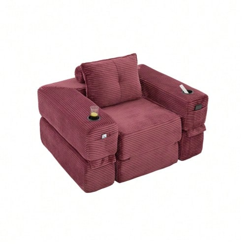 Folding Corduroy Sofa With High-Density Foam And Spring Core For Stable Seating, Side Pocket And Cup Holder, Armrest With Zip, Vacuum Packed, Easy Assembly, For Apartment And Living Room. - 紅色 - 查看 1