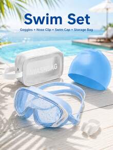 Swimming Goggles Set (Nose Clip + Storage Bag + Swim Cap + Goggles) Unisex Swimming Goggles, Waterproof Anti-Fog, New Upgraded Design, Wide Field Of View Anti-Fog Leak-Proof Swimming Pool Goggles, Suitable For Beach Vacation, Swimming Party - Baby Blue - View 6