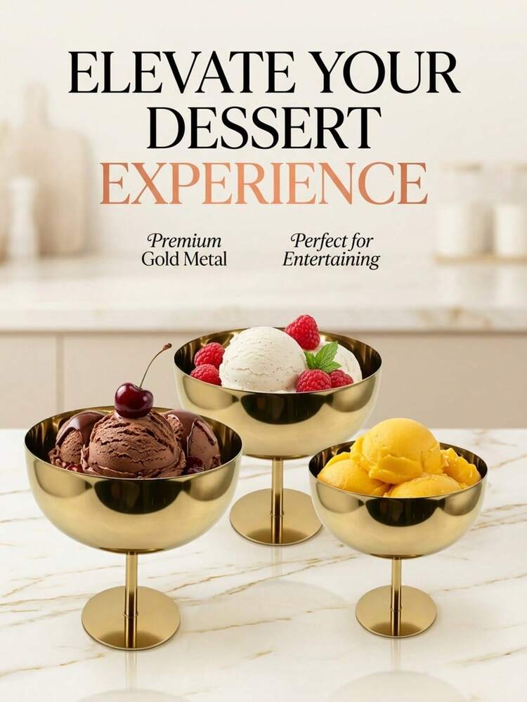 3 Styles Gold Stainless Steel Round High-Foot Dessert Cups In Large/Medium/Small Sizes, Multiple Specifications Available, Suitable For Summer Ice Cream, Desserts And Other Daily Home Use And Party Event Tableware Matching - Multicolor - View 2