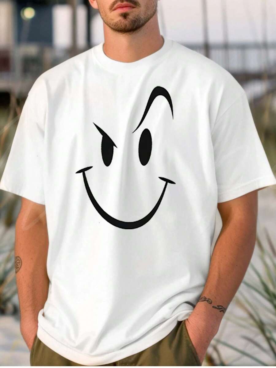 Camiseta blanca algodón hombre gráfica cara alegre minimalista, transpirable casual verano exterior diario Regalo del Día del Padre - Blanco - Ver 1