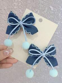 2 buah Jepit Rambut Pom Pom Bentuk Angka 8 Warna Biru Denim yang Lucu dan Elegan, Cocok untuk Pemakaian Sehari-hari - Baby Blue - View 3