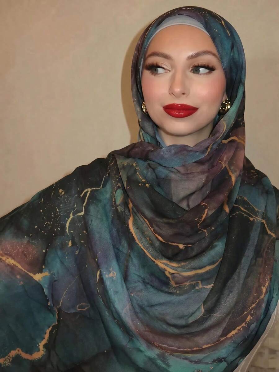 1件女款波希米亞風水彩大理石水波紋紮染印花頭巾圍巾,適合日常穿著 - 鐵鏽藍綠 - 查看 1
