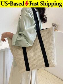 Summer Vacation Large Capacity Straw Tote Bag Women's Casual Seaside Beach Bag Woven Shoulder Handbag Double Handle White Purse For Travel Outing - 彩色 - 查看 12