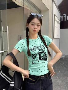 薄荷綠波點 Y2K T恤，復古人像與字母印花，夏季小眾美式辣妹風方肩短袖女款休閒上衣 - 薄荷綠 - 查看 4