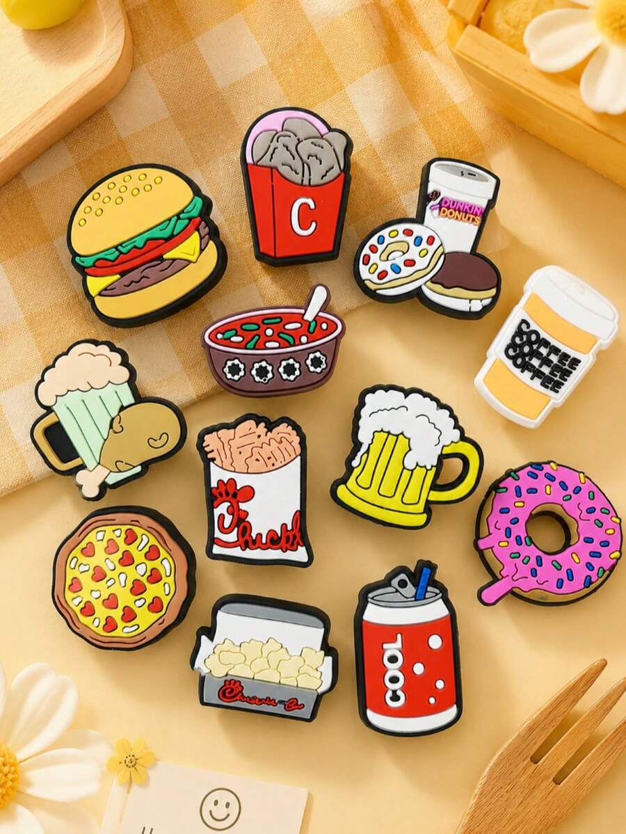12 Pieces / Sets. Food Series Shoe Accessory Set, Including Hamburgers, Pizzas And Other Accessories. It's A Great Gift For Friends.