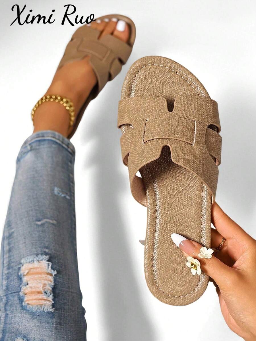 Ximi Ruo Korean Style Casual Flat Slippers For Women, Open Toe, Woven Roman Sandals, Suitable For Spring, Summer, Beach, Vacation, Pair With Dresses, Brown - Apricot - View 1