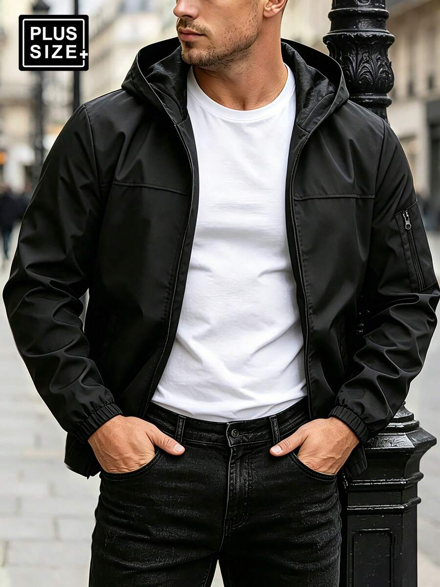 Men's Casual Plus Size Lightweight Jacket, Outdoor Comfortable Business Hooded Jacket With Arm Pockets, Suitable For Running, Hiking, Gift For Husband, Father, Friend - Black - View 1