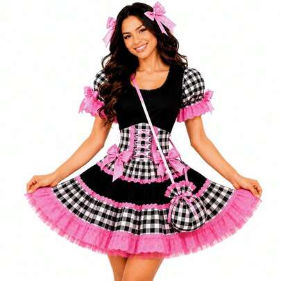 Vestido Festa Junina Adulto Feminino Xadrez Preto e Rosa de Luxo