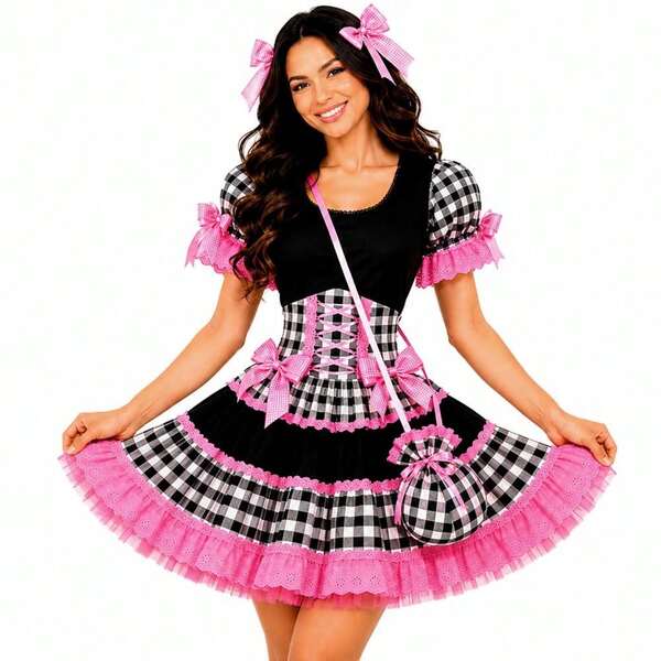 Vestido Festa Junina Adulto Feminino Xadrez Preto e Rosa de Luxo
