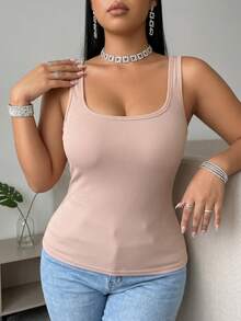 1pc Women's Plus Size Round Neck Wide Strap Tank Top, Soft Skin-Friendly Fabric, Built-In One-Piece Padding, Suitable For Daily Minimalist Wear - Khaki - View 4