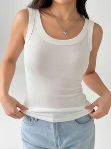 1 pieza Camiseta básica de unicolor con sujetador acolchado, camiseta sin mangas de cuello redondo - Blanco - Ver 3