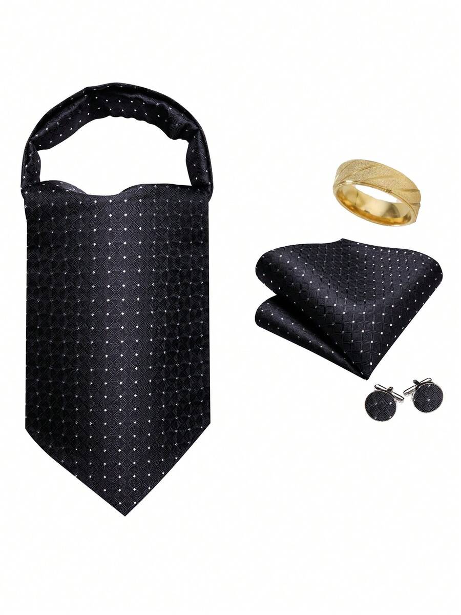 5PCS Men's Black Ascot Cravat Set With Pocket Square & Cufflinks Ring, Neck Wear For Daily Formal Use, Prom Nights And Basic Men Gift - Black - View 1