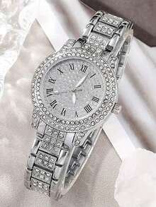 6pcs Women's Silver Luxury Watch Set, Roman Numeral Full Rhinestone Round Stainless Steel Band Silver Watch With Square Rhinestone Bracelet, Square Rhinestone Necklace, Rhinestone Earrings And Full Rhinestone Ring, Complete Set Of Exquisite Silver Jewelry For Hands And Neck, Suitable For Graduation, Birthday As A Light Luxury Gift For Women - Silver - View 4
