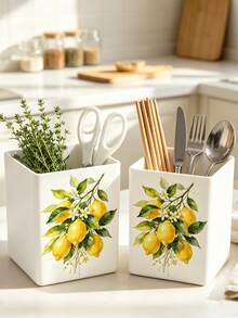 1pc Abstract Watercolor Lemon Branch Multi-Functional Storage Organizer Box - Tableware Storage Box, Desktop Organizer (Suitable For Storing Tableware, Straws, Tea Bags, Pens, Remote Controls); Compact And Space-Saving, Suitable For Kitchen, Office, Living Room (Please Note The Size Before Ordering) - Multicolor - View 5
