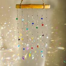 Natural Bamboo Crystal Light-Catching Wind Chime With Colorful Star & Moon Prism Beads, Rainbow Maker Window Hanging Decor, Bohemian Home Decoration - Rainbow Wooden Sticks - View 1