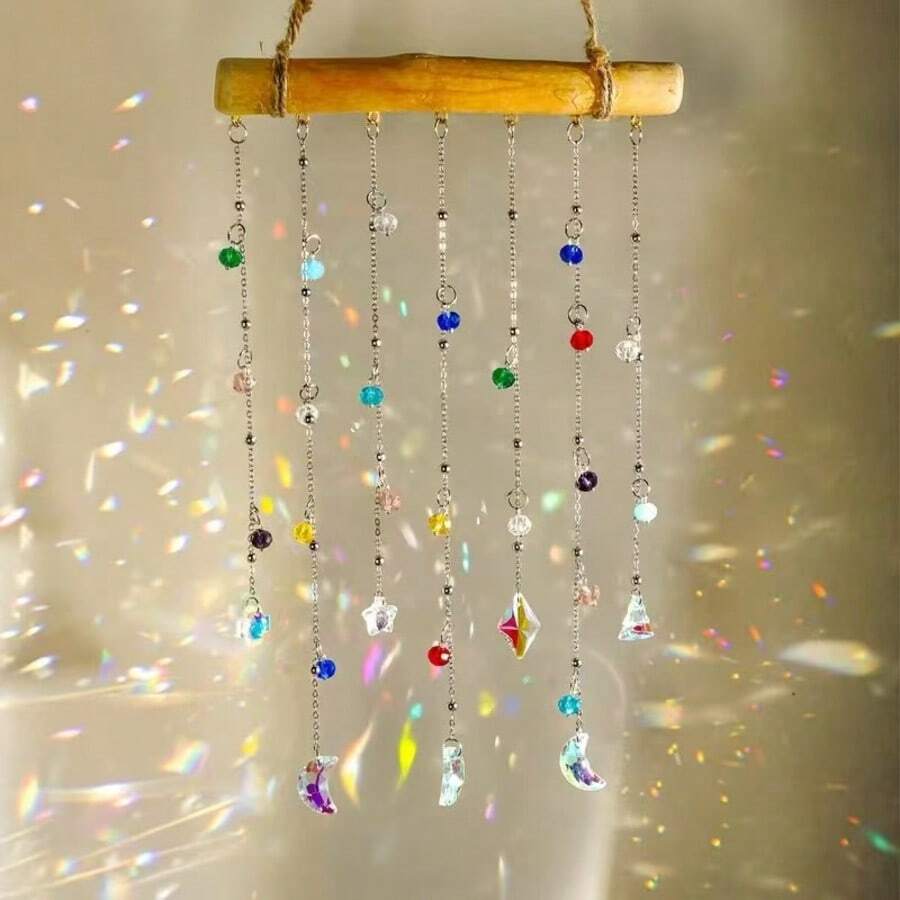 Natural Bamboo Crystal Light-Catching Wind Chime With Colorful Star & Moon Prism Beads, Rainbow Maker Window Hanging Decor, Bohemian Home Decoration - Rainbow Wooden Sticks - View 1