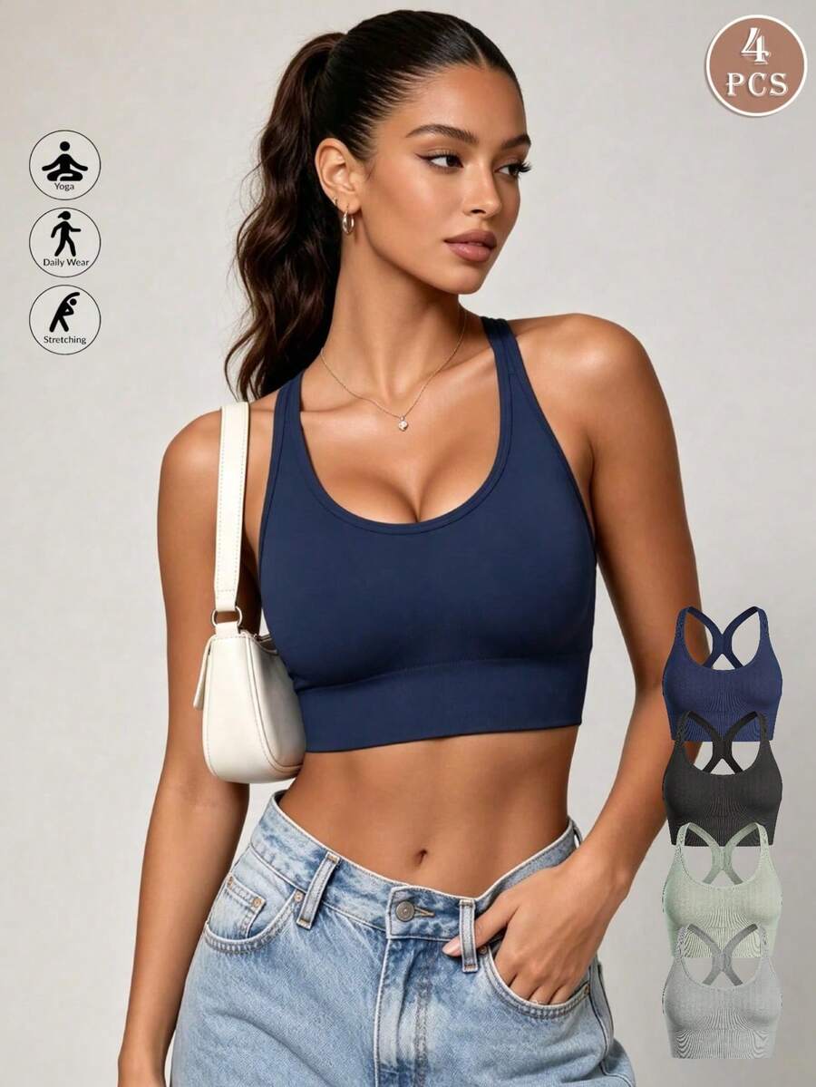 Runway Rest 4pcs/Set Women's Seamless Shock-Absorbing Sports Bras, Lightweight & Breathable, Suitable For Yoga And Light Exercise, Back Shaping Padding - Multicolor - View 1
