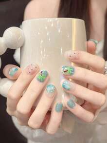 10Pcs Handmade Short Square Press On Nails Summer Ocean Beach Style Blue Gradient Cat Eye False Nails With 3D Starfish Seashell Coconut Tree Pearl Glitter Design Reusable Gel Nail Stickers For Vacation Daily Manicure - Multicolor - View 3