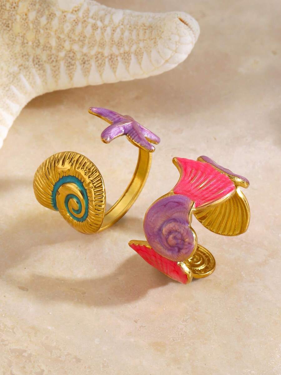 2pcs Stainless Steel Colorful Drip Oil Beach Vacation Style Ribbed Starfish & Shell Open Ring Set, Suitable For Women's Daily Beach Wear - Multicolor - View 1