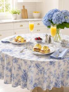 1pc-French Countryside Rose Blue And White Floral Printed Polyester Tablecloth, A Rustic And Simple Tablecloth Suitable For Kitchen And Dining Room Decoration - Blue and White - View 17