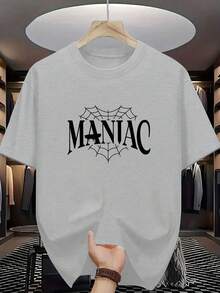New Summer Collection MANIAC Letter Print Classic  Men'S Casual Stylish Short-Sleeve Stretchy Ribbed Round-Neck Comfortable Breathable T-Shirt - 黑色 - 查看 8