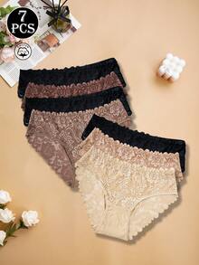 7pcs Women's Floral Lace Cotton Mid-Waist Embroidered Panties, Soft And Comfortable - Multicolor - View 5